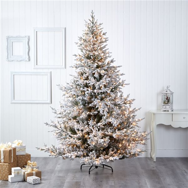 Nearly Natural 8-ft Flocked Fraser Fir Artificial Christmas Tree with 800 Warm White Lights and 4892 Branches