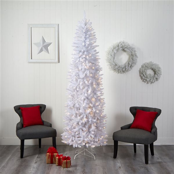 Nearly Natural 8-ft Slim White Artificial Christmas Tree with 400 Warm White LED Lights and 1348 Bendable Branches