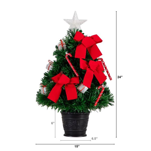 Nearly Natural 24-in Pre-Lit Fiber Optic Classic Star Topped Artificial Christmas Tree with Decorative Planter