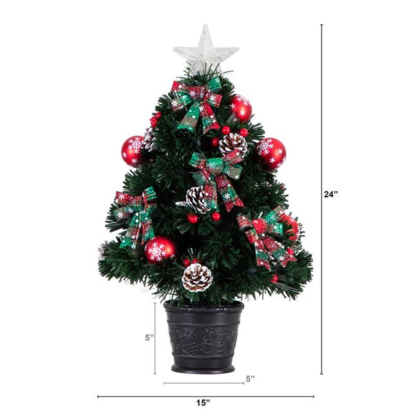 Nearly Natural 24-in Pre-Lit Fiber Optic Cosmopolitan Star Topped Artificial Christmas Tree with Decorative Planter