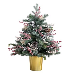 Nearly Natural 3-ft Pre-Lit Artificial Snow Covered Decorative Christmas Tree in Golden Planter with LED Lights