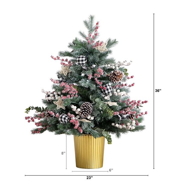 Nearly Natural 3-ft Pre-Lit Artificial Snow Covered Decorative Christmas Tree in Golden Planter with LED Lights