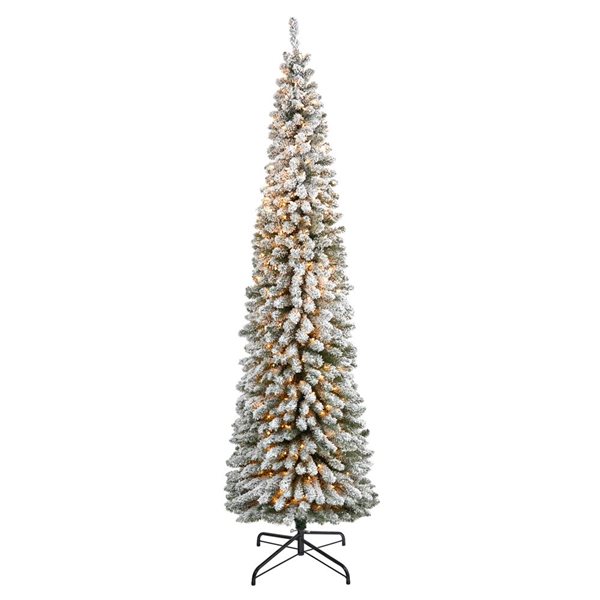 Nearly Natural 8-ft Flocked Pencil Artificial Christmas Tree with 500 Clear Lights and 646 Bendable Branches