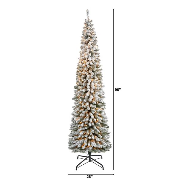 Nearly Natural 8-ft Flocked Pencil Artificial Christmas Tree with 500 Clear Lights and 646 Bendable Branches