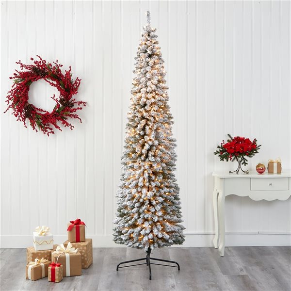 Nearly Natural 8-ft Flocked Pencil Artificial Christmas Tree with 500 Clear Lights and 646 Bendable Branches