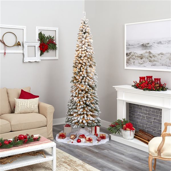 Nearly Natural 8-ft Flocked Pencil Artificial Christmas Tree with 500 Clear Lights and 646 Bendable Branches