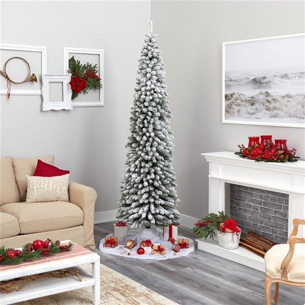 Nearly Natural 8-ft Flocked Pencil Artificial Christmas Tree with 500 Clear Lights and 646 Bendable Branches