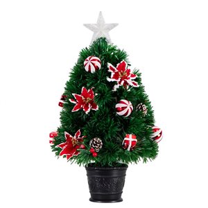 Nearly Natural 24-in Pre-Lit Fiber Optic Artificial Christmas Tree with Ornaments, Poinsettia and Star Topper