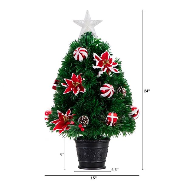 Nearly Natural 24-in Pre-Lit Fiber Optic Artificial Christmas Tree with Ornaments, Poinsettia and Star Topper