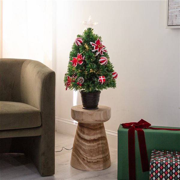 Nearly Natural 24-in Pre-Lit Fiber Optic Artificial Christmas Tree with Ornaments, Poinsettia and Star Topper