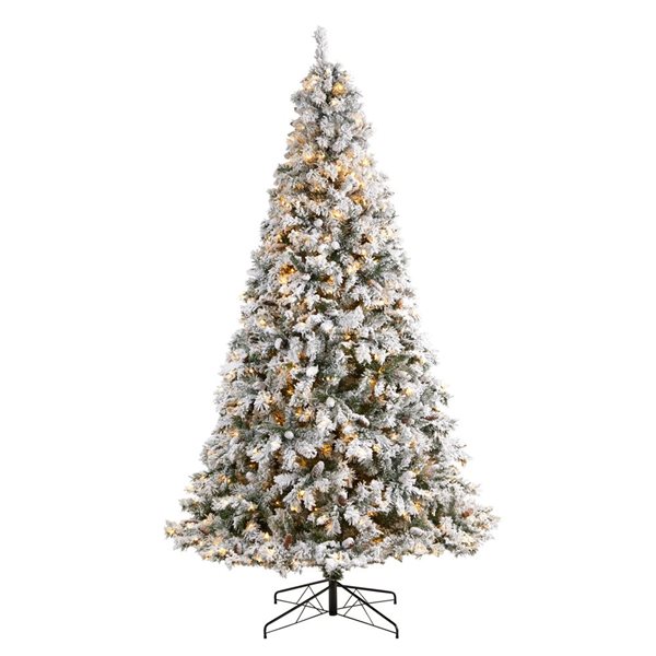 Nearly Natural 9-ft Flocked White River Mountain Pine Artificial Christmas Tree with Pinecones and 650 Clear LED Lights
