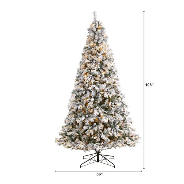 Nearly Natural 9-ft Flocked White River Mountain Pine Artificial Christmas Tree with Pinecones and 650 Clear LED Lights