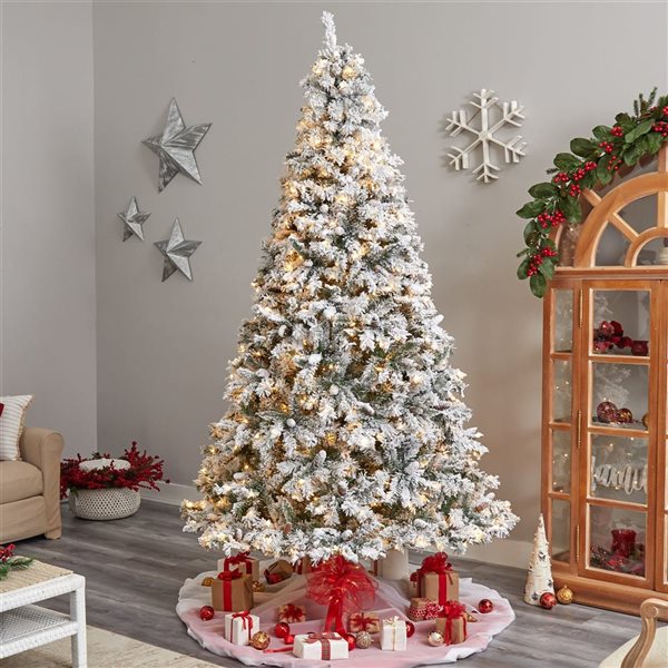 Nearly Natural 9-ft Flocked White River Mountain Pine Artificial Christmas Tree with Pinecones and 650 Clear LED Lights