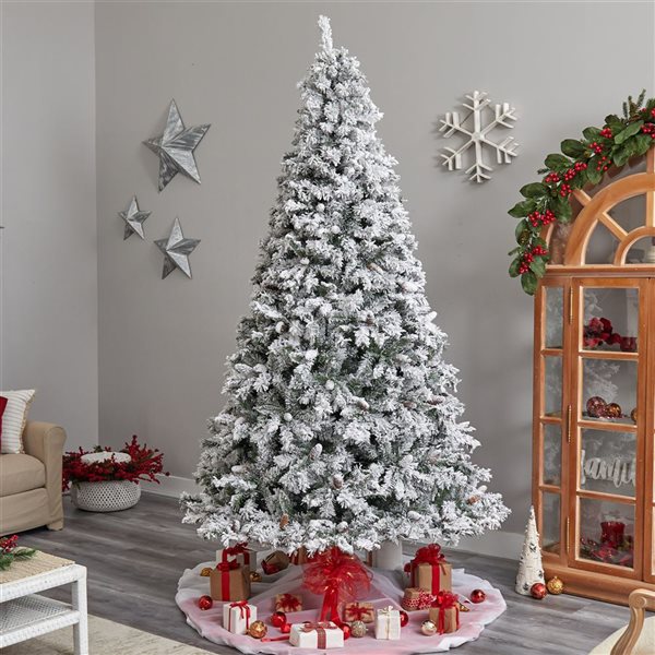 Nearly Natural 9-ft Flocked White River Mountain Pine Artificial Christmas Tree with Pinecones and 650 Clear LED Lights