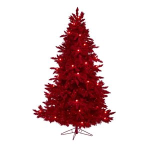 Nearly Natural 7-ft Red Flocked Fraser Fir Artificial Christmas Tree with 500 Red Lights, 40 Globe Bulbs