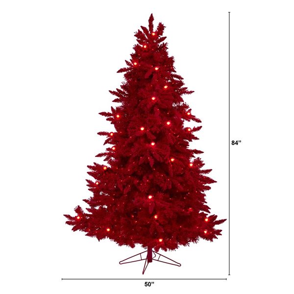 Nearly Natural 7-ft Red Flocked Fraser Fir Artificial Christmas Tree with 500 Red Lights, 40 Globe Bulbs