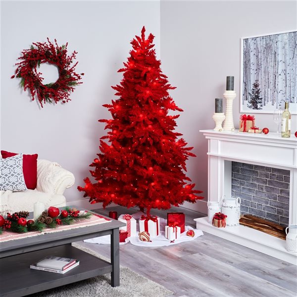 Nearly Natural 7-ft Red Flocked Fraser Fir Artificial Christmas Tree with 500 Red Lights, 40 Globe Bulbs