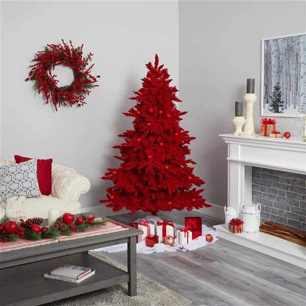 Nearly Natural 7-ft Red Flocked Fraser Fir Artificial Christmas Tree with 500 Red Lights, 40 Globe Bulbs