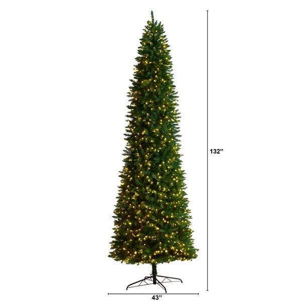 Nearly Natural 11-ft Slim Green Mountain Pine Artificial Christmas Tree with 950 Clear LED Lights and 2836 Branches