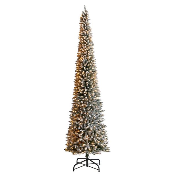 Nearly Natural 12-ft Flocked Pencil Artificial Christmas Tree with 1000 Clear Lights and 1819 Bendable Branches