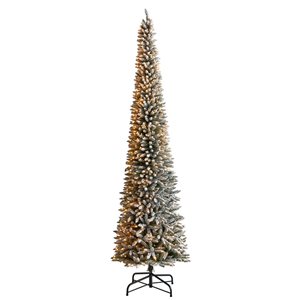 Nearly Natural 12-ft Flocked Pencil Artificial Christmas Tree with 1000 Clear Lights and 1819 Bendable Branches