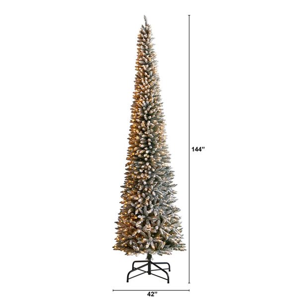 Nearly Natural 12-ft Flocked Pencil Artificial Christmas Tree with 1000 Clear Lights and 1819 Bendable Branches