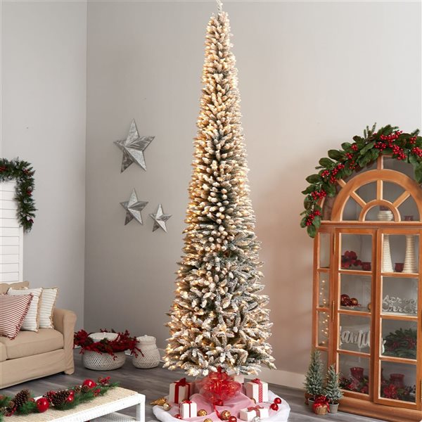 Nearly Natural 12-ft Flocked Pencil Artificial Christmas Tree with 1000 Clear Lights and 1819 Bendable Branches