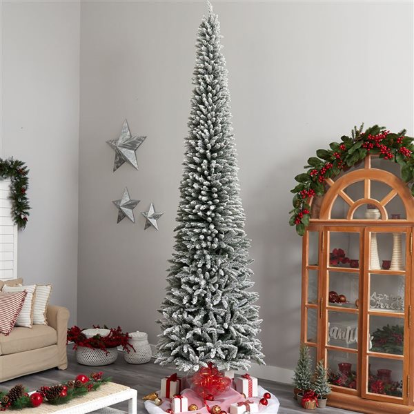 Nearly Natural 12-ft Flocked Pencil Artificial Christmas Tree with 1000 Clear Lights and 1819 Bendable Branches