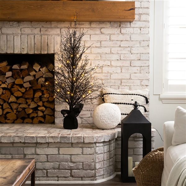 Nearly Natural 4-ft Pre-Lit Halloween Black Twig Artificial Fall Tree in Burlap Planter with LED Lights
