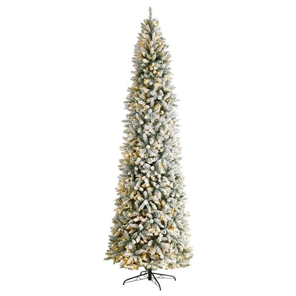 Nearly Natural 10-ft Slim Flocked Montreal Fir Artificial Christmas Tree with 800 Warm White LED Lights