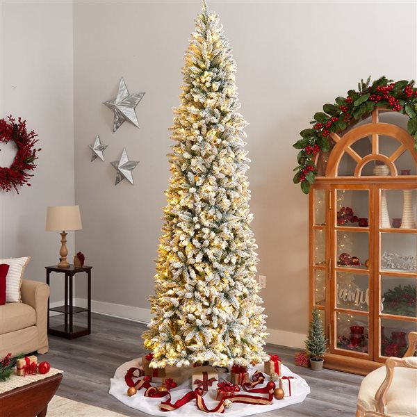 Nearly Natural 10-ft Slim Flocked Montreal Fir Artificial Christmas Tree with 800 Warm White LED Lights