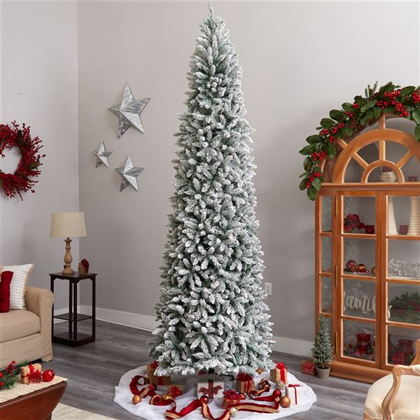 Nearly Natural 10-ft Slim Flocked Montreal Fir Artificial Christmas Tree with 800 Warm White LED Lights