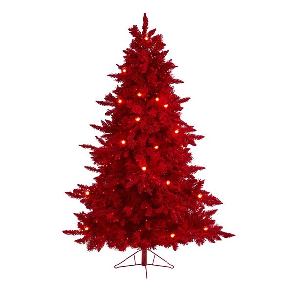 Nearly Natural 6-ft Red Flocked Fraser Fir Artificial Christmas Tree with 350 Red Lights, 33 Globe Bulbs