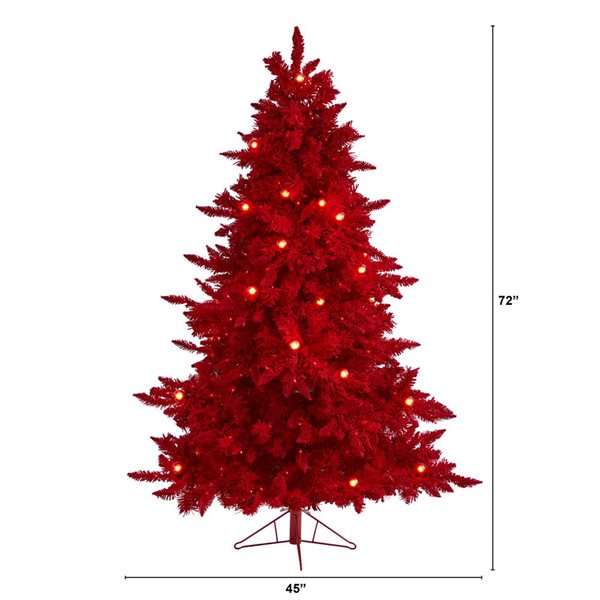 Nearly Natural 6-ft Red Flocked Fraser Fir Artificial Christmas Tree with 350 Red Lights, 33 Globe Bulbs