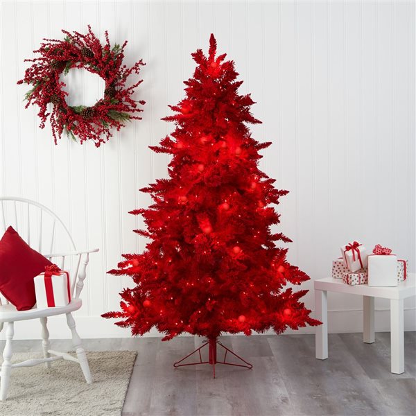 Nearly Natural 6-ft Red Flocked Fraser Fir Artificial Christmas Tree with 350 Red Lights, 33 Globe Bulbs