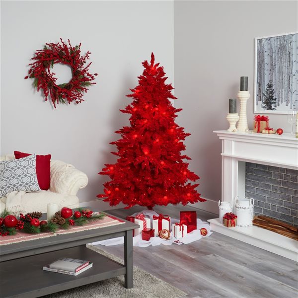 Nearly Natural 6-ft Red Flocked Fraser Fir Artificial Christmas Tree with 350 Red Lights, 33 Globe Bulbs