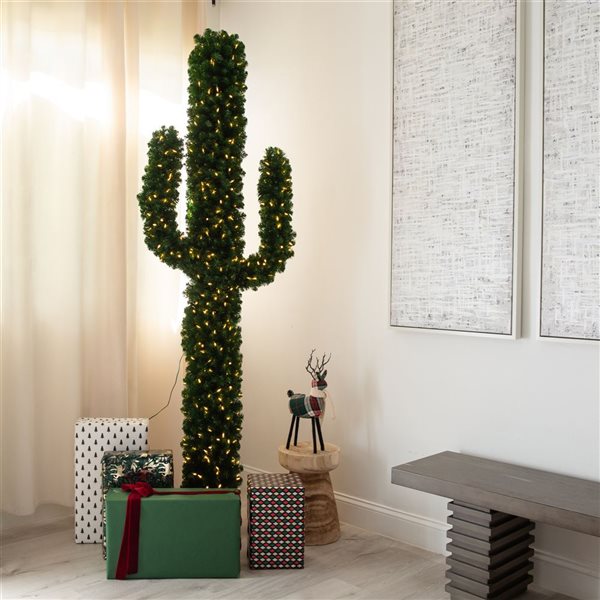 Nearly Natural 7-ft Pre-Lit Artificial Cactus Christmas Tree with 500 Micro LED Lights