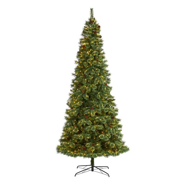 Nearly Natural 10-ft White Mountain Pine Artificial Christmas Tree with 850 Clear LED Lights and Pine Cones