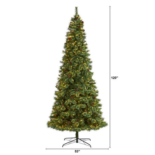 Nearly Natural 10-ft White Mountain Pine Artificial Christmas Tree with 850 Clear LED Lights and Pine Cones