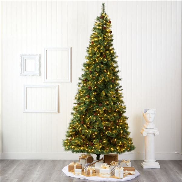 Nearly Natural 10-ft White Mountain Pine Artificial Christmas Tree with 850 Clear LED Lights and Pine Cones