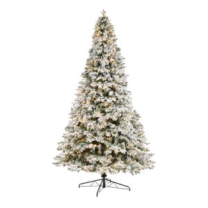 Nearly Natural 10-ft Flocked Vermont Mixed Pine Artificial Christmas Tree with 800 LED Lights and 2200 Branches