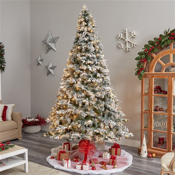 Nearly Natural 10-ft Flocked Vermont Mixed Pine Artificial Christmas Tree with 800 LED Lights and 2200 Branches