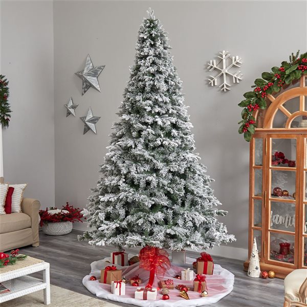 Nearly Natural 10-ft Flocked Vermont Mixed Pine Artificial Christmas Tree with 800 LED Lights and 2200 Branches