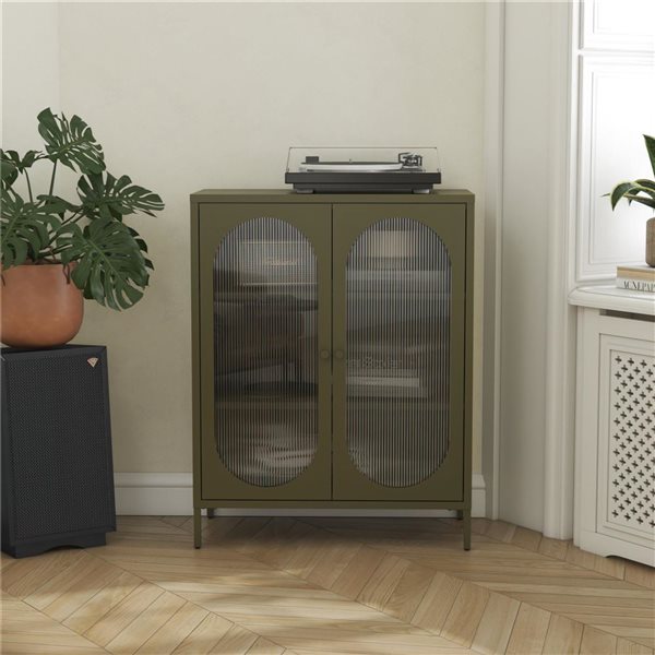 Mr. Kate Luna Short 2-Door Metal Accent Cabinet with Fluted Glass, Olive Green