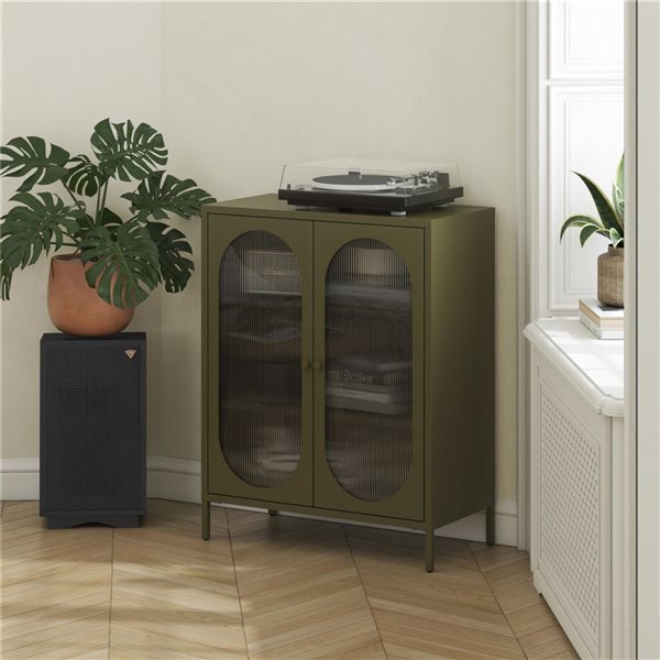 Mr. Kate Luna Short 2-Door Metal Accent Cabinet with Fluted Glass, Olive Green