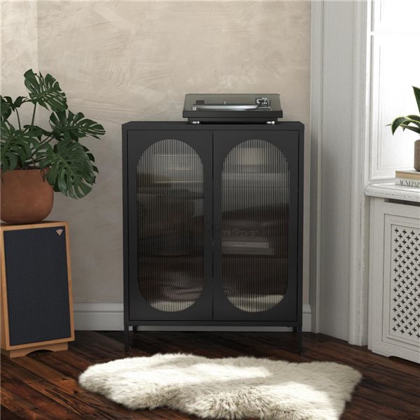 Mr. Kate Luna Short 2-Door Accent Cabinet with Fluted Glass, Black