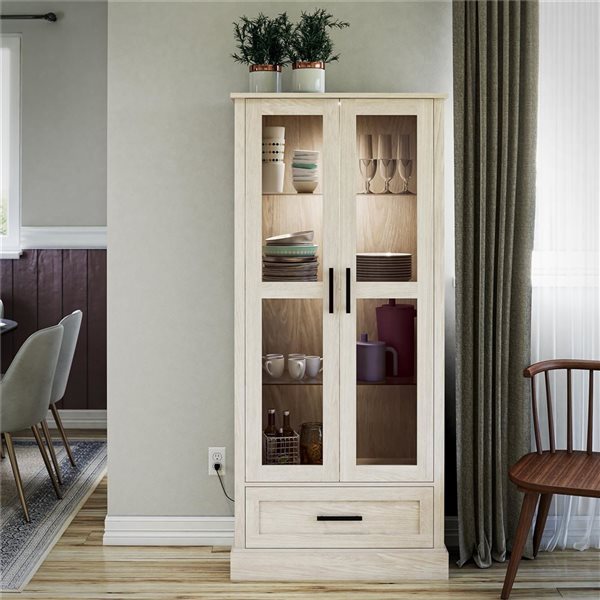 Ameriwood Home Sherman Hutch Cabinet with Glass Doors, White Oak