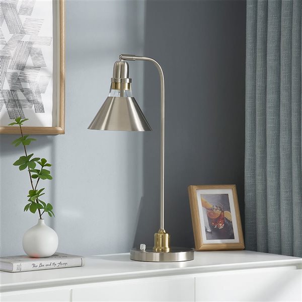 A&E Bath & Shower Sade Brushed Nickel/Gold Metal Plug-In Tapered Shade Table Lamp