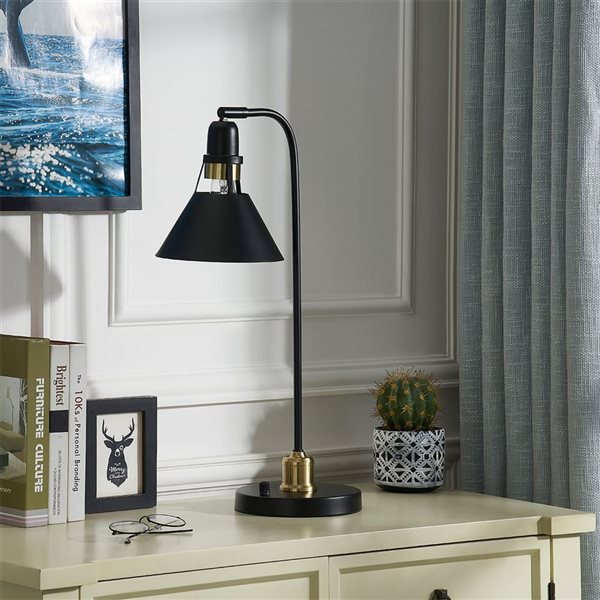 A&E Bath & Shower Sade Matte Black/Gold Metal Plug-In Tapered Shade Table Lamp