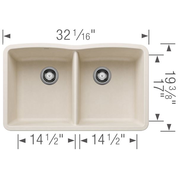 Évier de cuisine à deux cuves 50/50 en SILGRANIT Diamond de BLANCO sous plan 32 po, blanc doux